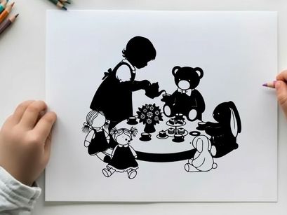 Silhouette of a girl and teddy bear at tea party