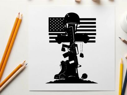 Memorial silhouette of fallen soldier with american flag
