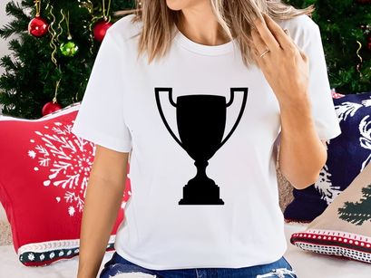 A black trophy icon on a white background symbolizing achievement and success