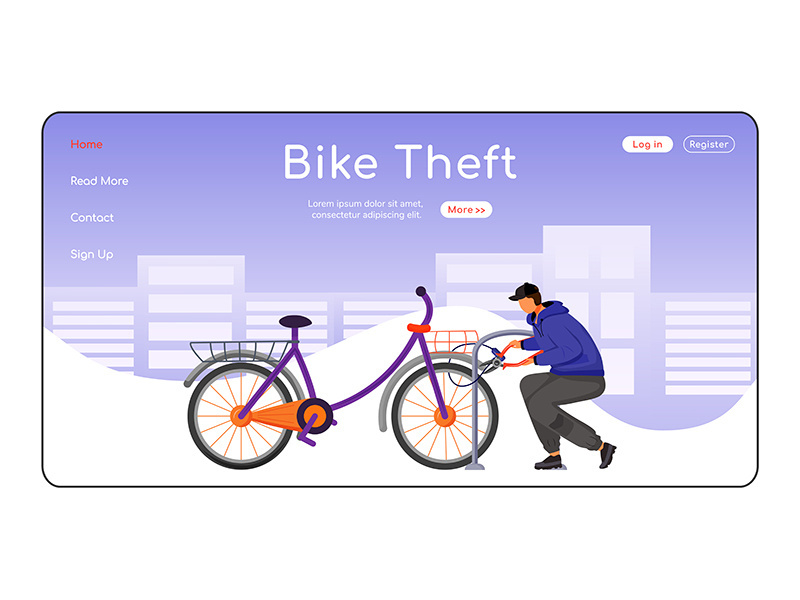 Bike theft landing page flat color vector template