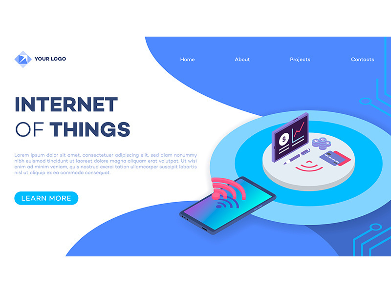 E wallet isometric landing page vector template with isometric illustration