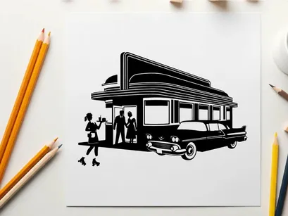 Vintage diner with silhouette of people and classic car