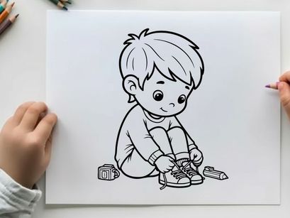 Cute boy tying shoelaces vector illustration flat design