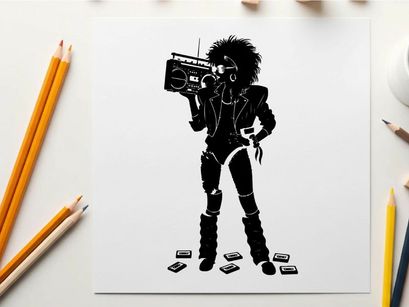 Silhouette of a woman holding a boombox radio device