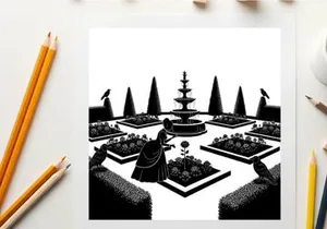 Silhouette of a woman in a garden with a fountain and trees silhouette
