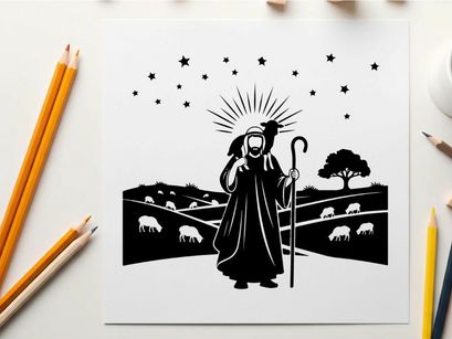 Silhouette of a shepherd under starry night with sheep