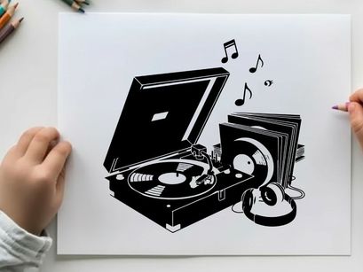 Vinyl record player silhouette with music notes and headphones