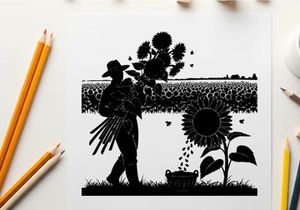 Silhouette of a farmer planting sunflowers in a field at sunset