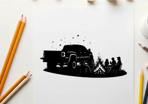 Silhouette of a pickup truck at a campfire with friends