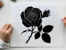 Silhouette of a blooming rose with leaves and thorns