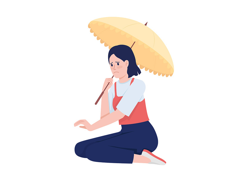 Unhappy woman with umbrella sitting semi flat color vector character