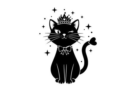Regal silhouette cat in crown and bow tie with stars