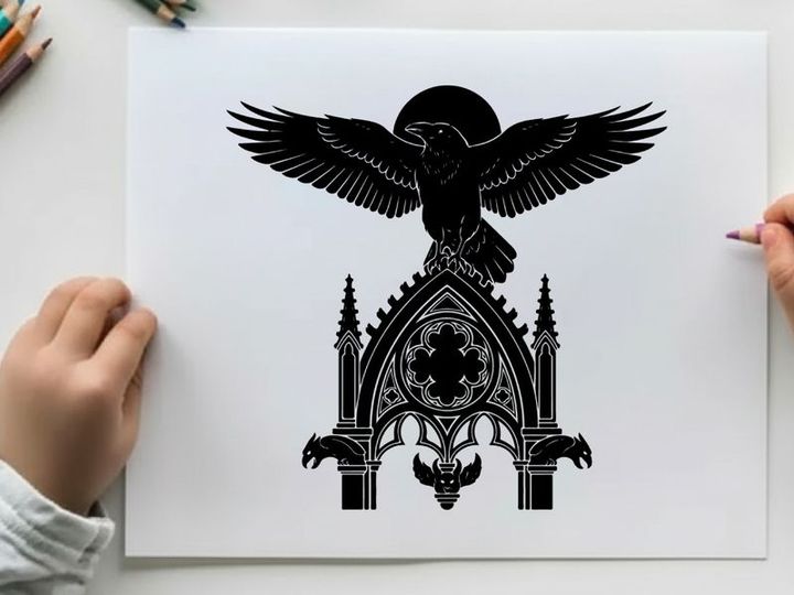 Silhouette of an eagle atop a gothic church with a cross and moon
