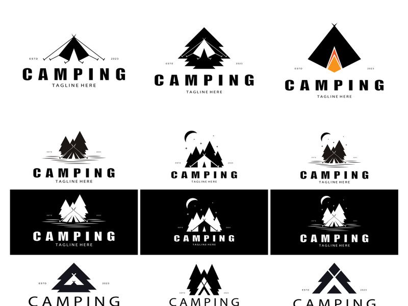 vintage and retro tent logo, camping. With tent, tree and bonfire sign. adventurers, scouts, climbers, camping equipment center