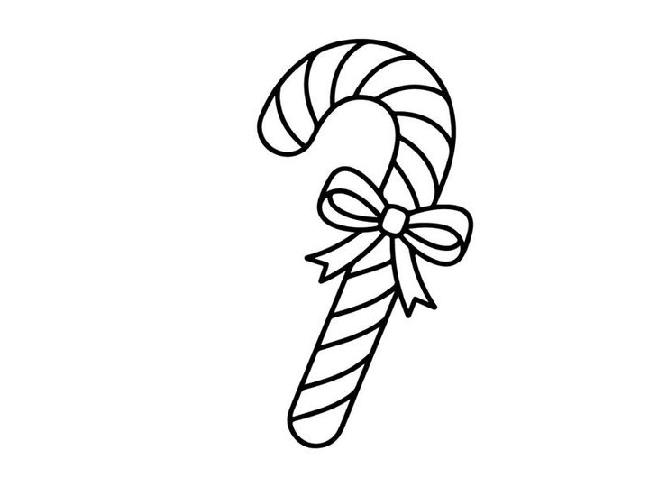 Christmas candy cane line art illustration with a decorative bow on white background
