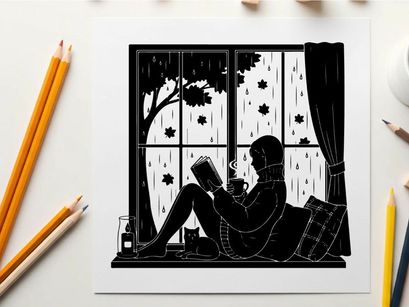 Silhouette of a woman reading by the window on a rainy day