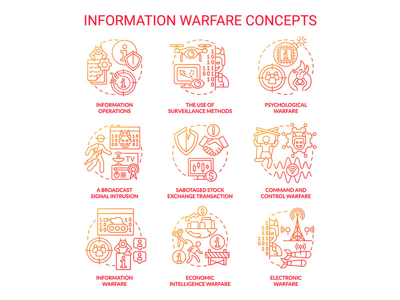 Information warfare red gradient concept icons set