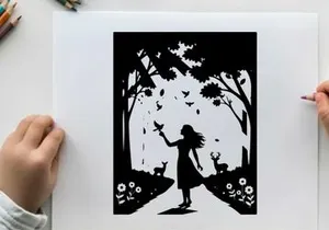 Silhouette of a girl in a forest with deer and flowers