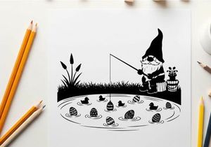 Gnome silhouette fishing for snails in a serene pond environment silhouette