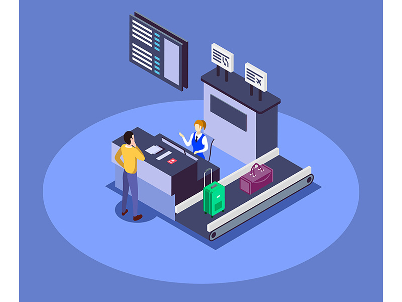 Airport check in counter isometric color vector illustration