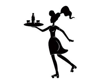 Roller waitress holding tray in hands black silhouette vector illustration preview picture