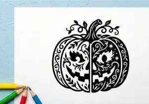 Halloween pumpkin with spooky carved face and swirling vine design