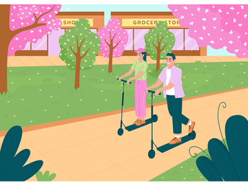 Happy couple riding electric scooters flat color vector illustration preview picture