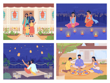 Celebrating Diwali with family flat color vector illustrations set preview picture