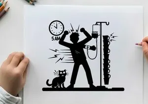 Silhouette of a person flexing with a cat and iv pole