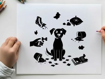 Silhouette of a dog surrounded by scattered items silhouette