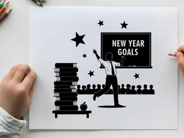 Man in silhouette celebrating new year goals with stars and books nearby preview picture