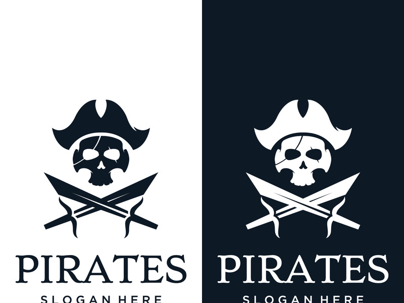 Pirate silhouette logo design with crossed swords, skull and bones.Vector illustration.