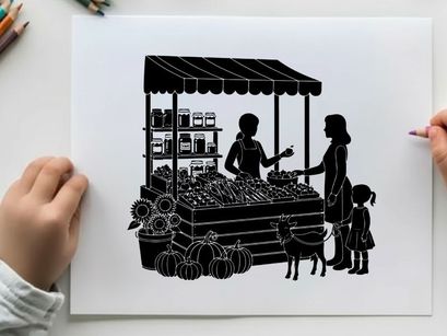 Silhouette of woman and child buying produce at outdoor market stall