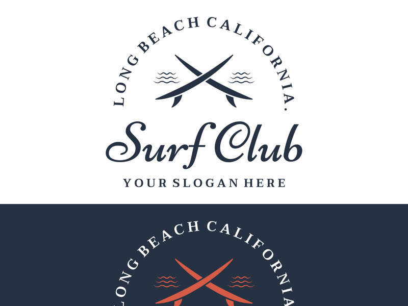 Vintage surfboard logo,surfing on summer beach.For business,badge,holiday, ,label,emblem.