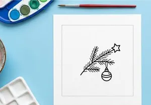 Adorno navideño dibujado a mano con estrella y rama de pino para decoración festiva