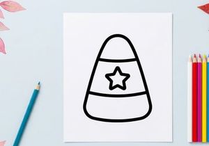 Candy corn icon with star. Halloween sweet treat graphic symbol for autumn holiday design.