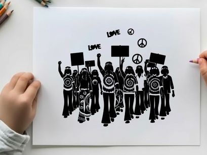 Silhouette of a peaceful protest with signs and symbols