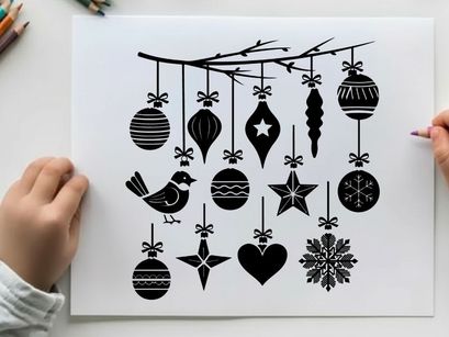 Christmas ornaments silhouette hanging from tree branch
