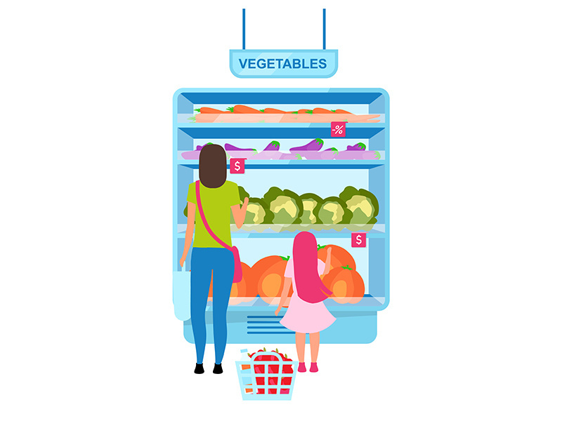 Woman choosing vegetables in greengrocery flat vector illustration