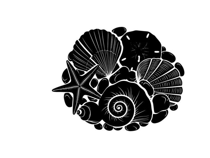 Silhouette of seashells and starfish on a beach