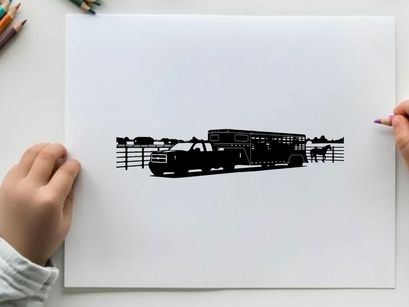 Silhouette of a horse trailer and horses in a rural setting