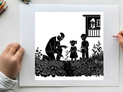 Silhouette of a man and children in a garden with a house