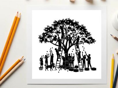 Silhouette of people picking fruit from a tree with ladders and dog