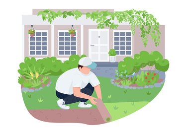 Courtyard greening, lawn care 2D vector web banner, poster preview picture