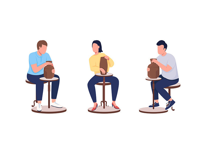 Pottery class adult students flat color vector faceless character set