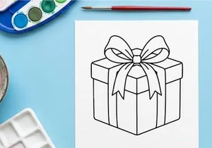 Icono de caja de regalo navideña con lazo, ilustración de arte lineal simple en blanco y negro.