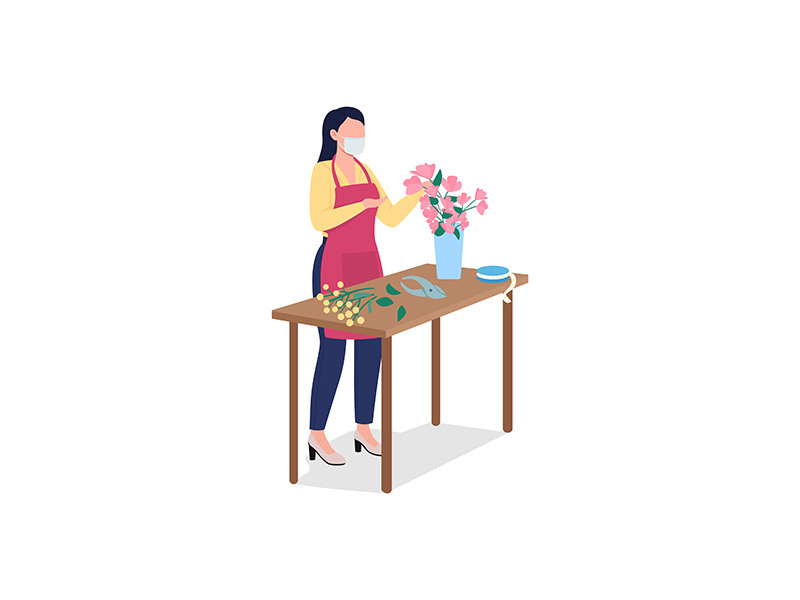 Female florist in face mask flat color vector faceless character