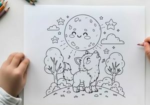 Cute sheep and moon stargazing night scene vector illustration