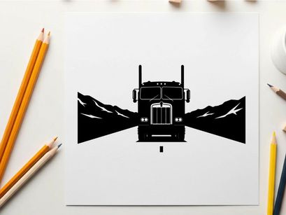 Semi truck silhouette facing forward on open road with mountains