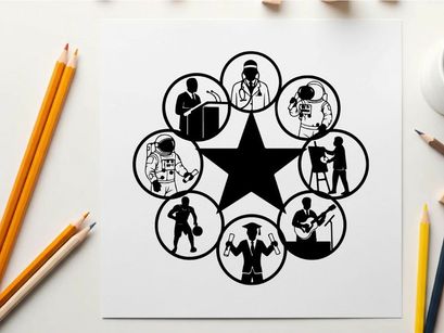 Silhouette of musicians in various performance roles around a star